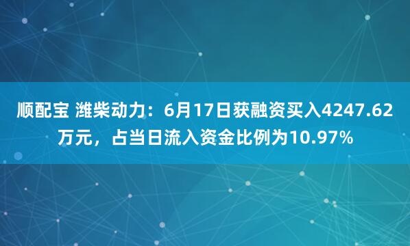 顺配宝 潍柴动力：6月17日获融资买入4247.62万元，占当日流入资金比例为10.97%
